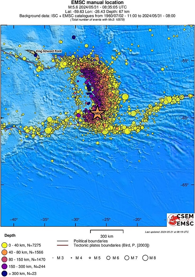 31 Mayıs 2024 Güney Sandwich Adası depremi (turuncu yıldız) ve Scotia plakasının Güney Sandwich Adaları bölgesinde 1960'dan günümüze kadar olmuş depremlerin haritası.