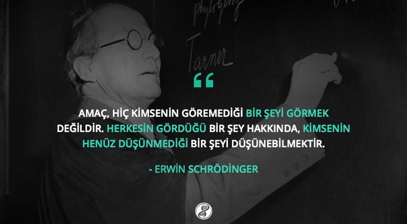 &quot;Amaç, hiç kimsenin görmediği bir şeyi görmek değildir. Herkesin gördüğü bir şey hakkında, kimsenin henüz düşünmediği bir şeyi düşünebilmektir.&quot;  Erwin Schrödinger (Avusturyalı fizikçi, temel kuantum teorilerinden birkaç tanesinin babası, dalga denklemini geliştiren isim, formalizm ve matriks mekaniğinin gelişiminde kilit rol oynamış, istatistiki mekanik, termodinamik, dielektrik fiziği, renk teorisi, elektrodinamik, genel görelilik ve kozmoloji alanlarında çalışamlar yürütmüş bilim insanı)