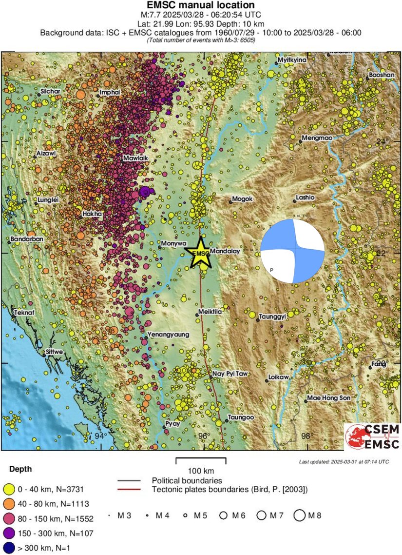 Bölgede geçmişte meydana gelmiş depremlerin haritası. 28 Mart depremi sarı yıldız ile gösterilmiş. Deprem fay mekanizması ise mavi ve beyaz renkli top ile.