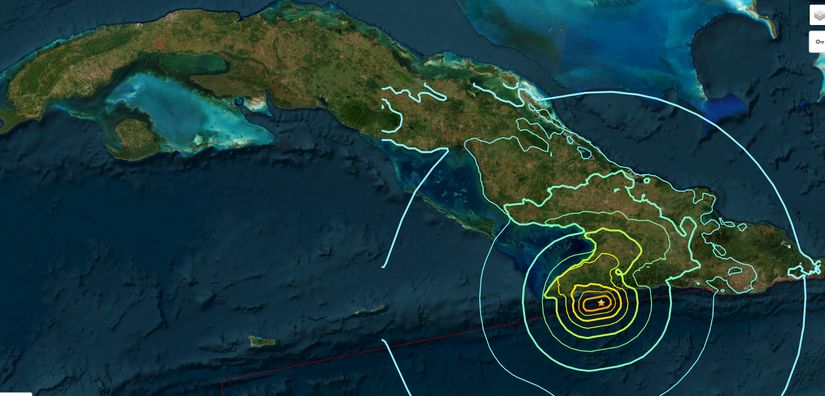 Bartolomé Masó, Küba depreminin merkez üssü ve depremin ürettiği en büyük yer ivmesinin dağılım haritası.