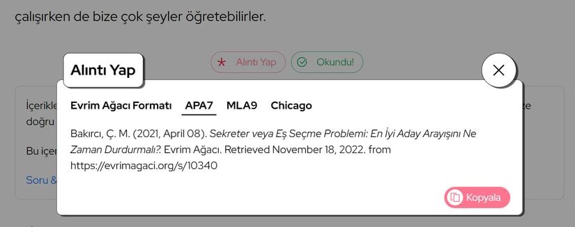 Aynı menüde diğer alıntılama tiplerini de otomatik olarak üretebilirsiniz.