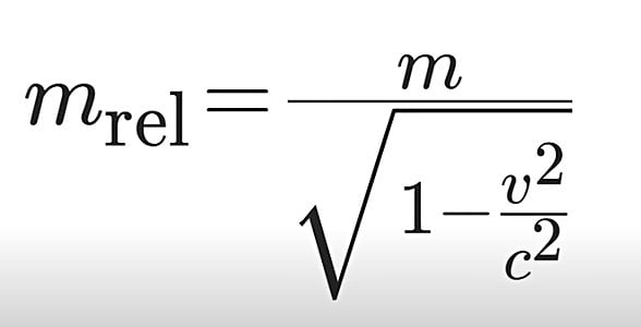 mrel relativistik kütleyi, m durgun haldeki kütleyi, v hızı ve c ışık hızını temsil etmektedir.