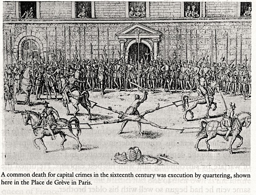 Robert-François Damiens'in kolları ve bacakları atlarla çekilerek koparılırken.