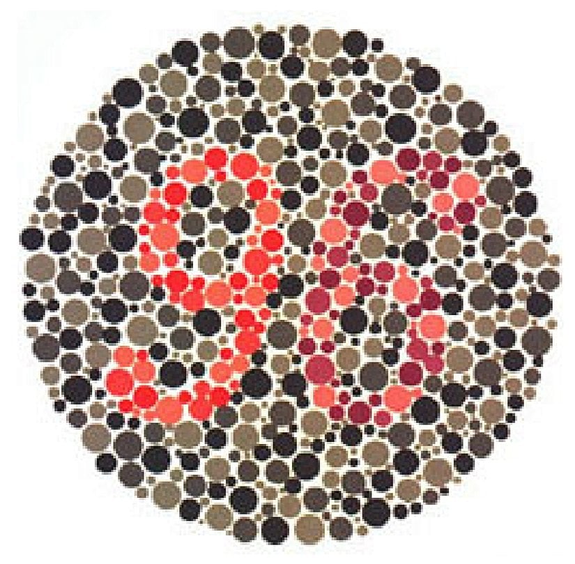 Plaka 25: Normal görüşlüler 96 görürler; kırmızı renk körleri (protanopya) veya kırmızı renk görüşü zayıflığı olanlar (protanomali) 6 görürler; kırmızı-yeşil renk körleri (deuteranopya) veya kırmızı-yeşil renk görüşü zayıflığı olanlar (deuteranomali) 9 görürler.