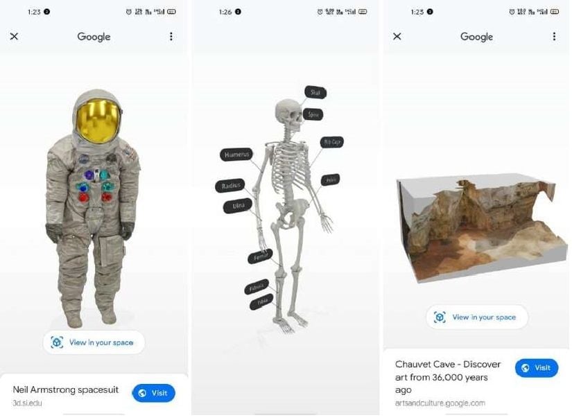 Google Arttırılmış Gerçeklik'te var olan bazı objelerin ekran görüntüsü