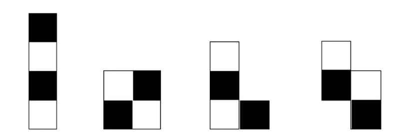 Kare, L ve eğik tetrominolar her zaman eşit siyah ve beyaz kareye sahip olacaktır.