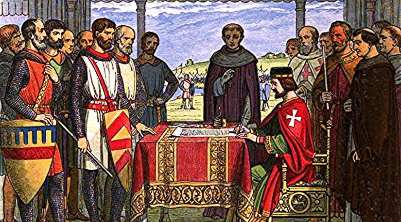 İngiltere kralı ve ona isyan eden halk arasında  "Magna Carta" imzalanıyor, 1215.