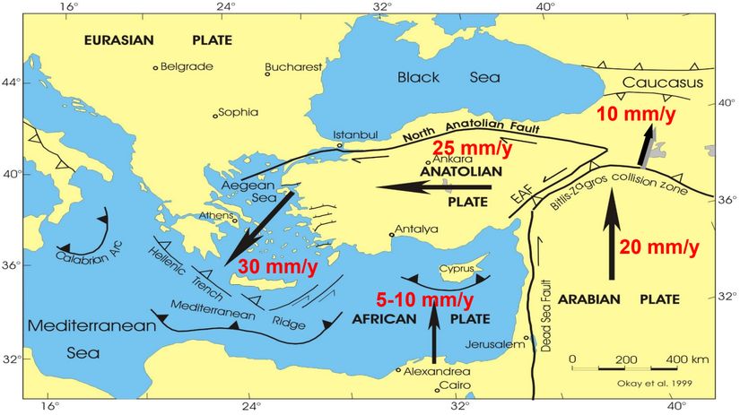 Anadolu ve çevresindeki levhaların Avrasya levhası sabit kabul edildiğinde birbirlerine göre hareketlerinin yönleri ve hızları.