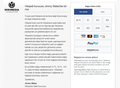 Wikipedia Vakfı, her yıl düzenli olarak milyonlarca dolar bağış toplayarak
                 faaliyetlerini reklamsız bir şekilde sürdürmeye çalışmaktadır.