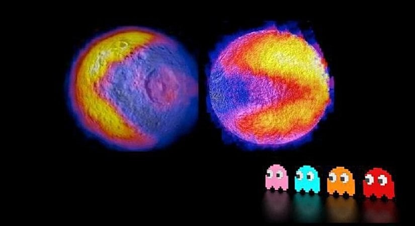 Satürn'ün uyduları Mimas ve Tethys'teki Pac-Man şekillerine benzeyen bu görüntüler her iki uydudaki sıcaklık farklılıklarını göstermektedir.