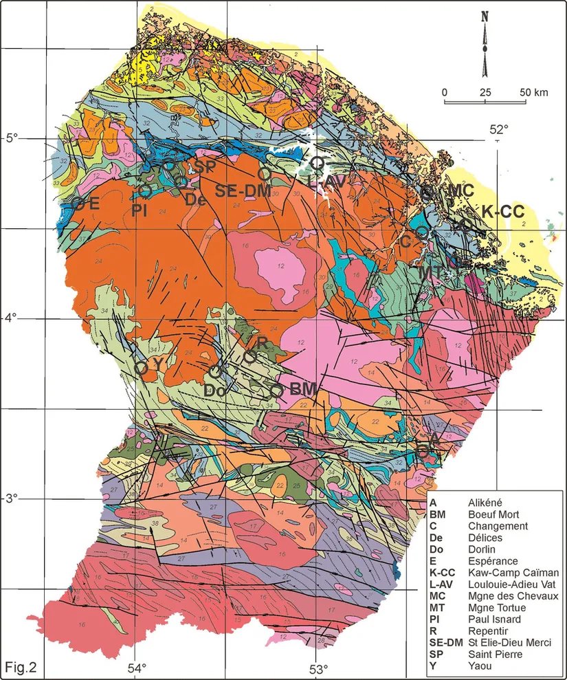 Geological map of the gold deposits in French Guiana