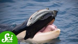 Orcas Bring Joy Balancing Salmon Hats