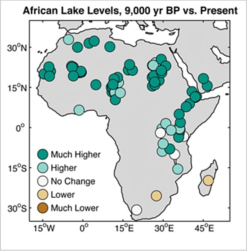 Günümüzden 9.000 yıl önce Afrika'daki göl seviyelerinin dağılım haritası