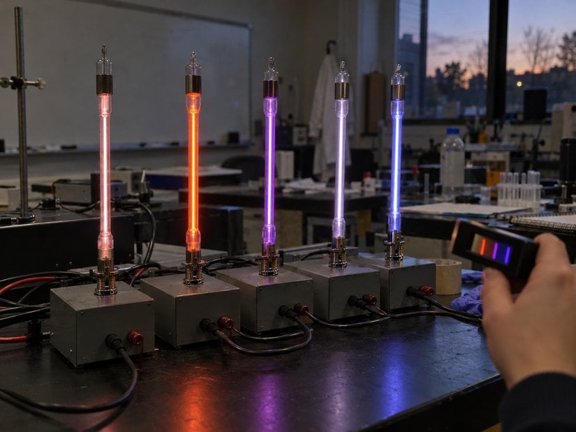 Helyum, neon, argon, kripton ve ksenon dolu gaz boşalım tüpleri. Soy gazlara elektronegatiflik değeri verilmez.[5] Görsel yapay zeka ile üretilmiştir.
