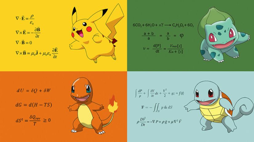 Eğer ararsanız, bilimi her yerde bulabilirsiniz! Pokemon'da bile! Eğer ne olduklarını bilemiyorsanız, her bir Pokemon'un yanında gösterilen matematiksel denklemler, o Pokemon'un özelliğinin arkasındaki bilimsel denklemlerdir. Örneğin Pikachu için elektromanyetizma denklemleri verilmişken, Charmender için ısı transferi, Balbasaur için fotosentez, Squirtle içinse akışkanlar mekaniği denklemleri verilmiştir. Gerçekten de bu formülleri kullanarak söz konusu Pokemon'ların özelliklerini analiz etmemiz mümkündür.