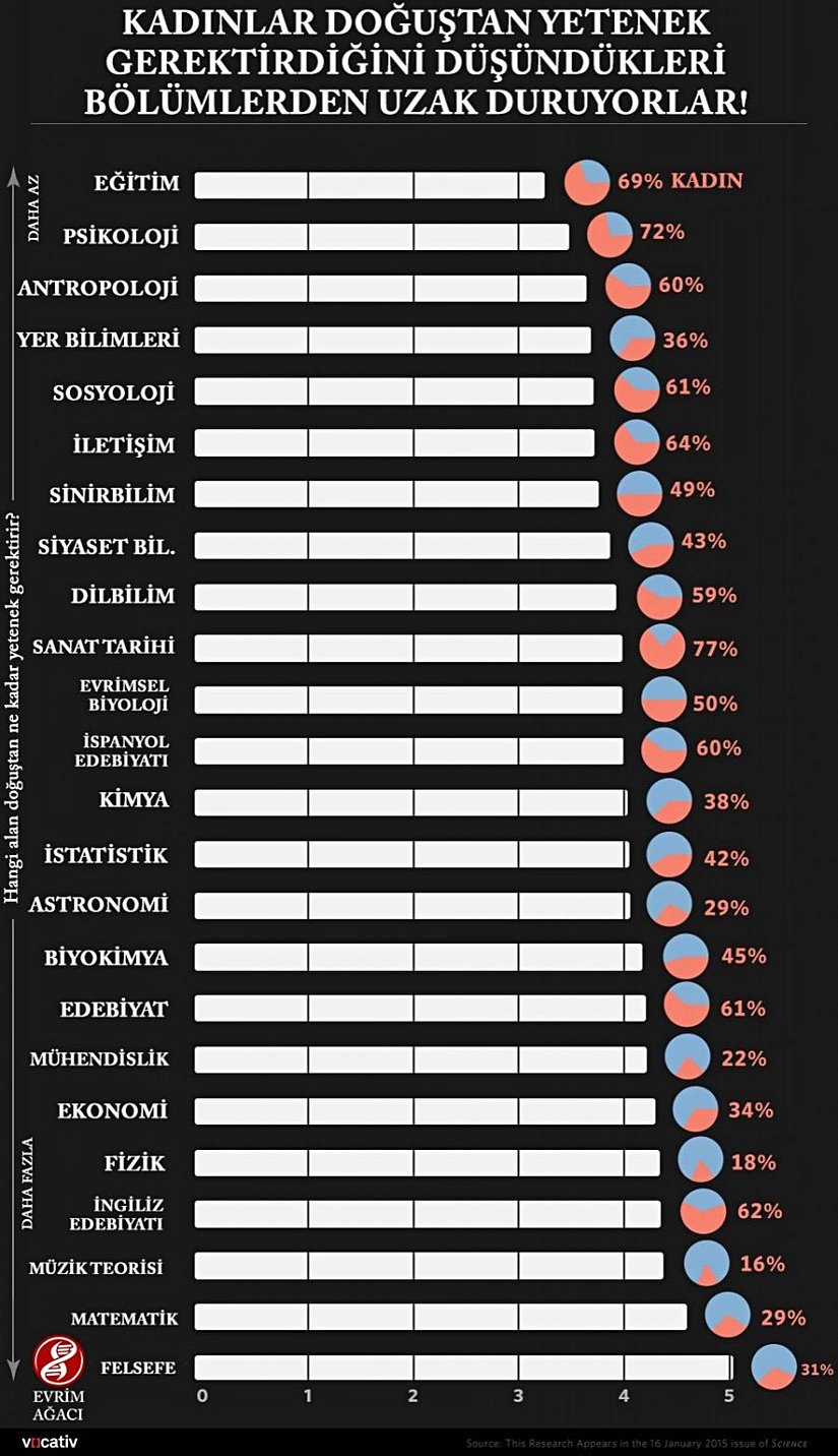 Görseldeki beyaz şeritler, belli bir bölümde (veya çalışma sahasında) görev alan veya okuyan bilim insanları veya lisans sonrası öğrencilerinin kendilerini ne kadar "doğuştan yetenekli", "zeki" veya "dahi" gördüklerini gösteriyor. Daireler içerisindeki kırmızı kesitler ise, o bölümdeki (veya çalışma sahasındaki) kadın oranını gösteriyor.