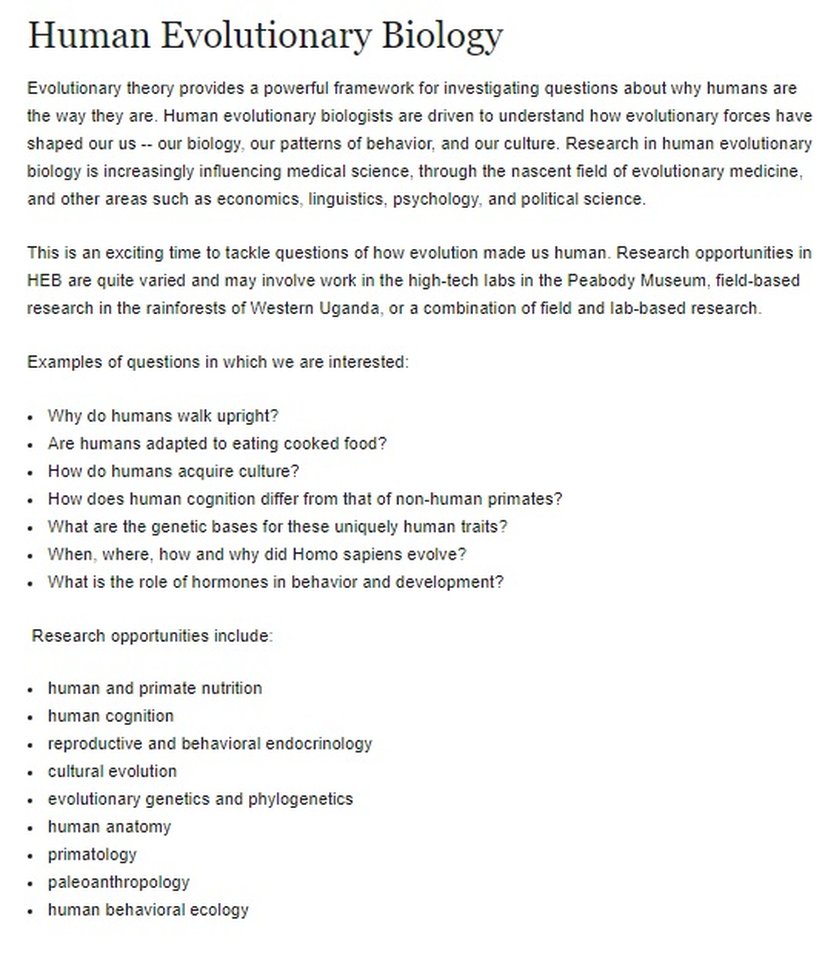 Harvard Üniversitesi İnsan Evrimsel Biyolojisi Lisans Programı tanıtım yazısı ve hedefleri.