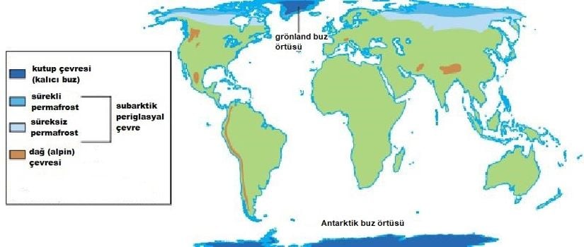 Periglasiyal bölgelerin dağılış haritası. Haritadaki yazılar, Evrim Ağacı tarafından Türkçeye çevrilmiştir.