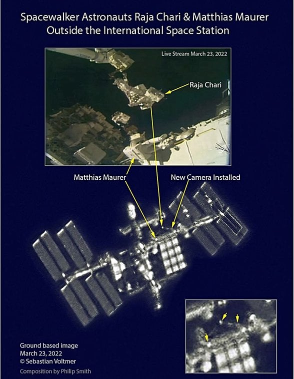 Uluslararası Uzay İstasyonu'nun bir amatör astrofotoğrafçı tarafından kaydedilmiş en net görüntülerinden birisi. Öyle ki fotoğrafta o sırada uzay yürüyüşü yapmakta olan astronotlar bile görülebiliyor!