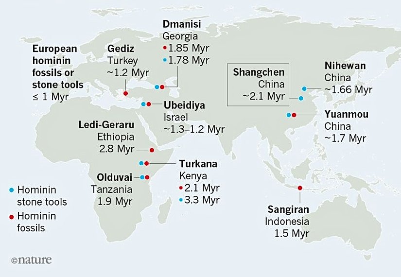 En erken buluntuların yerleri ve tarihleri. (Kırmızı noktalar, insan fosillerini; mavi noktalar, taş aletleri simgeliyor.)