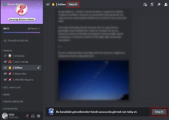 Discord sunucumuza katıldığınızda takip edebileceğiniz kanallar gösterilmektedir.