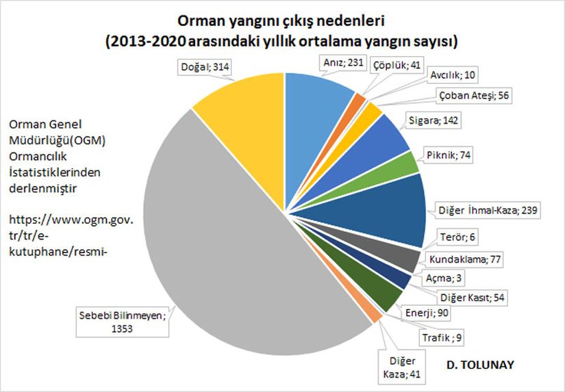 2013-2020 yılları arasında çıkan orman yangınlarının sebepleri