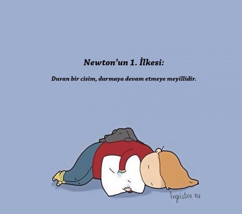 Burada esprili bir dille anlatılan Newton'un Birinci İlkesi, aslında üzerine etki eden kuvvetler dengede olan bir cismin, ivmesi olmayacağı için sabit hızla hareketine devam edeceğini, eğer duruyorsa da durmayı sürdüreceğini, harekete geçmeyeceğini söyler. Newton Mekaniği dahilindeki hareketle ilgili en temel bilgidir. İkinci ilkenin de temelini oluşturur: daha teknik tabiriyle "bir cismin momentumu daima korunur"; daha yaygın tabiriyleyse "bir cismin birim zamanda hızında meydana gelen değişim, üzerine etki eden kuvvetin kütlesine bölümüne eşittir (F=ma)". Birinci ilkeye göre, cismin üzerine hiçbir kuvvet etki etmiyorsa (ki bu ancak ideal durumlarda geçerlidir, gerçekte olamaz) veya cisme etki eden kuvvetlerin net etkisi sıfıra eşitse, cismin bir ivmesi (birim zamandaki hız değişimi) olamaz. Dolayısıyla cisim duruyorsa durmayı, hareket ediyorsa aynı hızla hareket etmeyi sürdürür. Bu konunun bir diğer çıkarımı ise "atalet" (inertia) kavramıdır. Atalet, bir cismin hız ve yön gibi hareket parametrelerinin değişimine karşı sahip olduğu dirençtir. Kütlesi olan her cismin ataleti de vardır, dolayısıyla onları harekete geçirmek, yönlerini değiştirmek, hızlarını değiştirmek için kuvvet uygulamak gerekir. Tıpkı sabah uyanmak zorunda olan insanlara olduğu gibi...