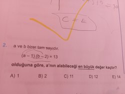 (a - 1).(b - 2)=13 a nın alabileceği en büyük değer nedir?