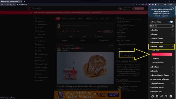 Eser & Tavsiye kısmını bulun ve tıklayın. Çıkan seçeneklerden Eserler veya Tavsiyeler'e tıklayın.