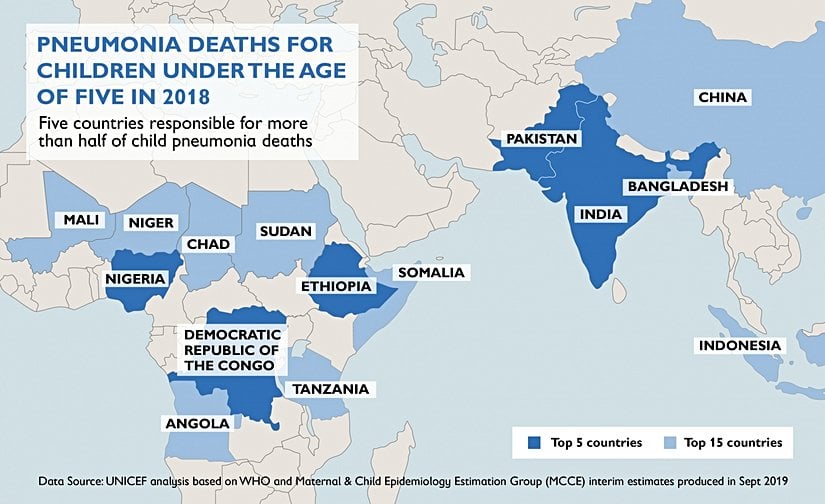 2018 yılında 5 yaş altı çocukların zatürre nedeniyle en çok öldüğü 5 ülke (koyu mavi) ve 15 ülke (koyu mavi ve açık mavi).