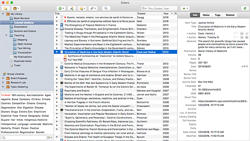 Zotero'nun Mac bilgisayarlardaki görünümü.
